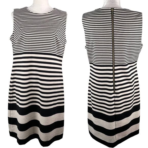 Calvin Klein Dress 14 Black Taupe A-Line Shift Stretch Sleeveless Back Zipper - Picture 1 of 13